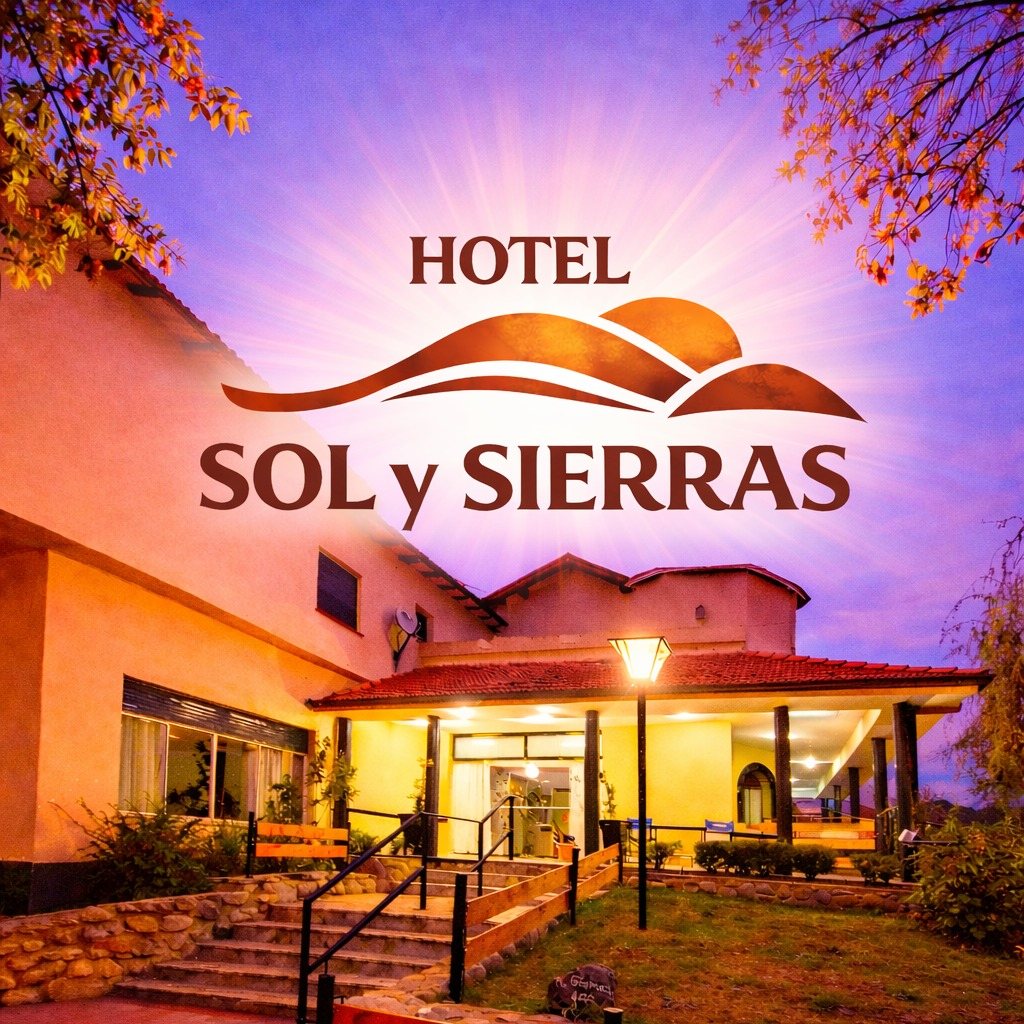 Fachada del Hotel Sol y Sierras al atardecer, con el logo